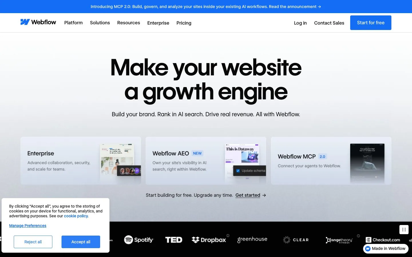 The Webflow website builder homepage