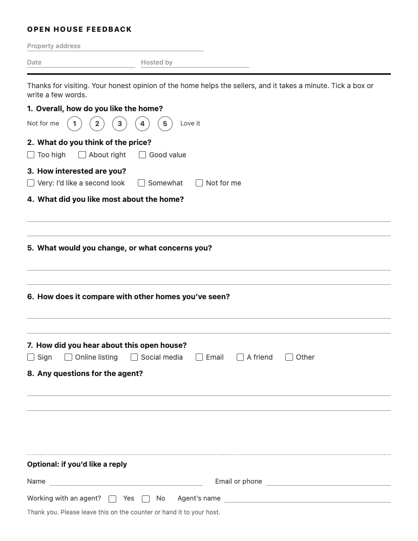 Printable open house feedback form (PDF): overall rating from 1 to 5, what they think of the price, interest, what they liked, concerns, how it compares and how they heard about it