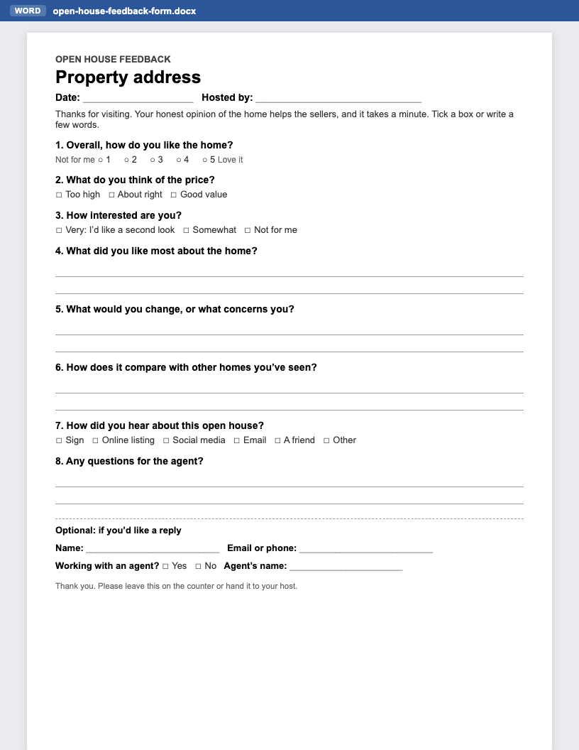Editable open house feedback form template in Word (.docx) with questions about the home, price and interest