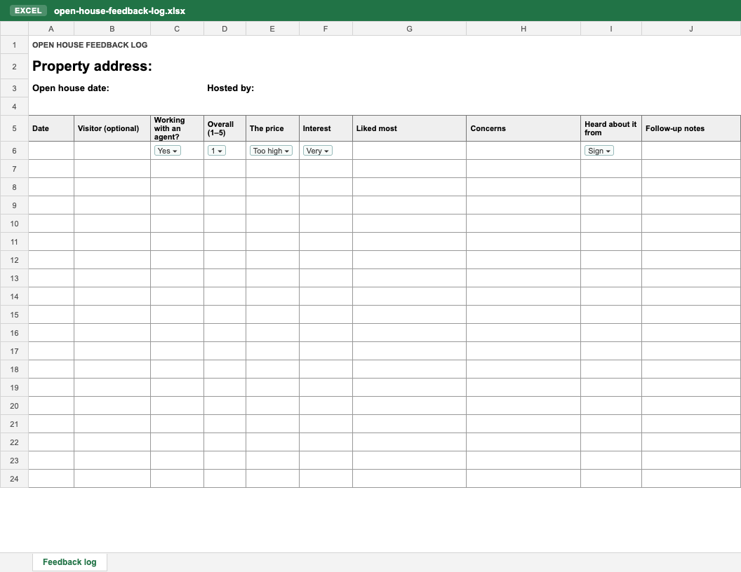 Open house feedback log in Excel (.xlsx): one row per visitor with rating, price, interest, likes, concerns and how they heard columns