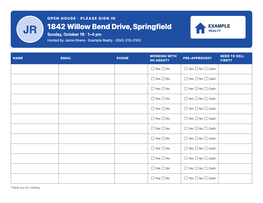 Branded open house sign-in sheet with a brokerage logo, the agent's photo, a blue header band and an extra custom question column