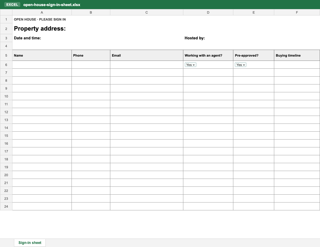 Open house sign-in sheet template in Excel (.xlsx) with name, phone, email, agent, pre-approved and timeline columns and drop-down answers