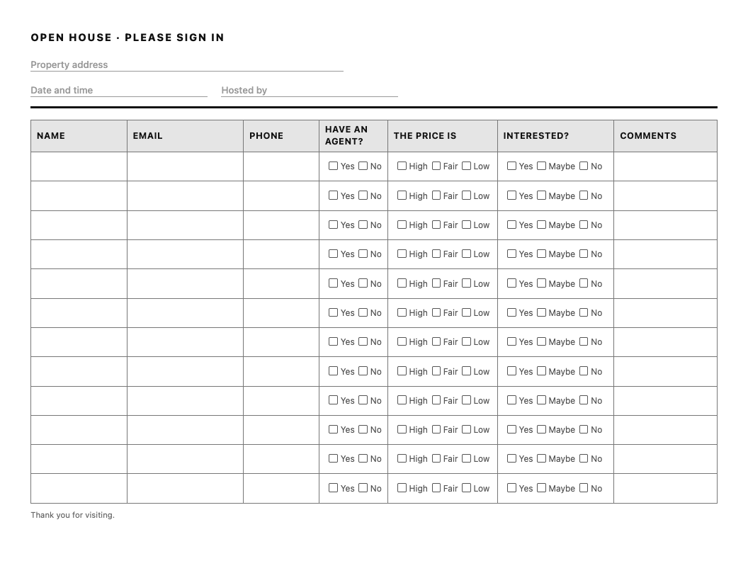 Open house sign-in sheet with a buyer feedback section: name, email, phone, agent, price, interest and comments columns