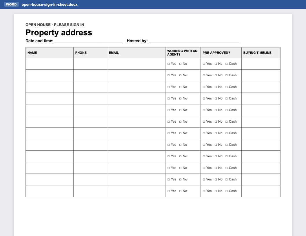 Editable open house sign-in sheet template in Word (.docx): name, phone, email, working with an agent, pre-approved and buying timeline columns