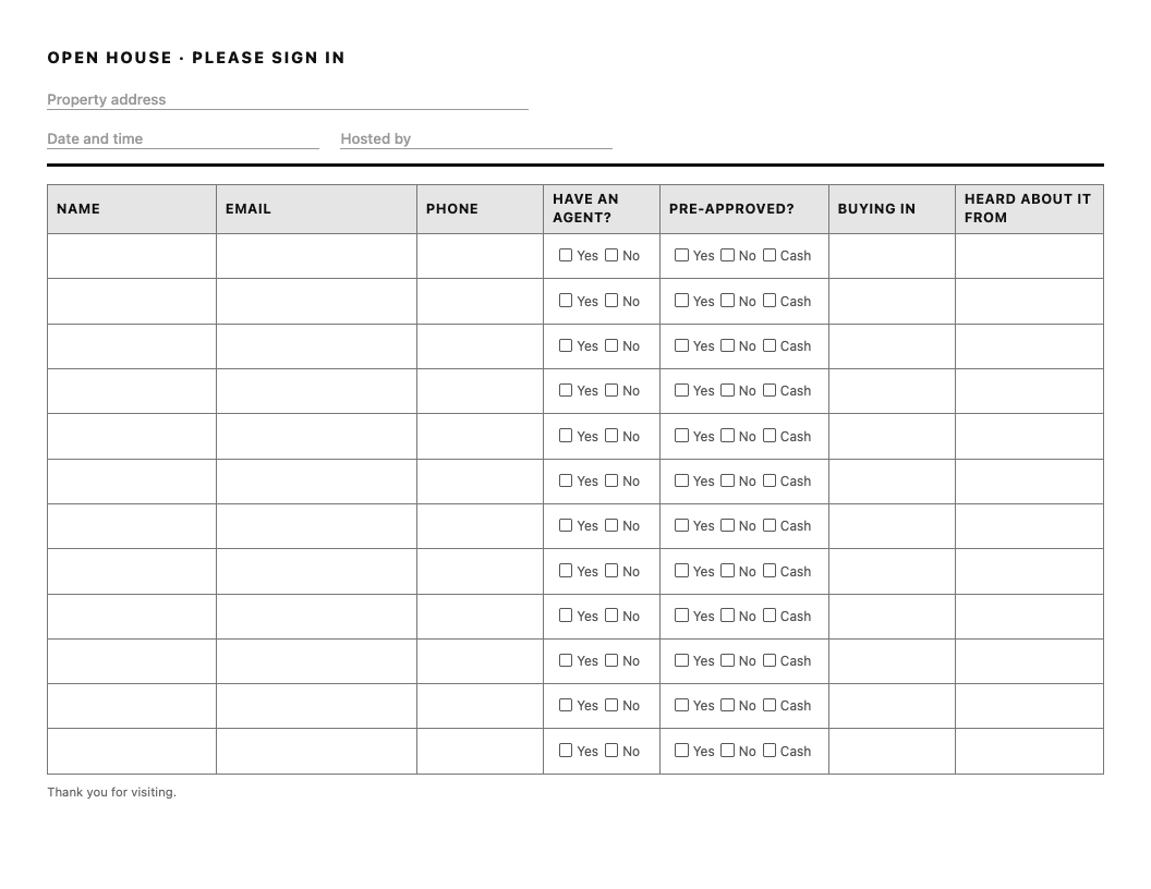 Open house sign-in sheet template with buyer details: agent, pre-approval, buying timeline and how they heard columns