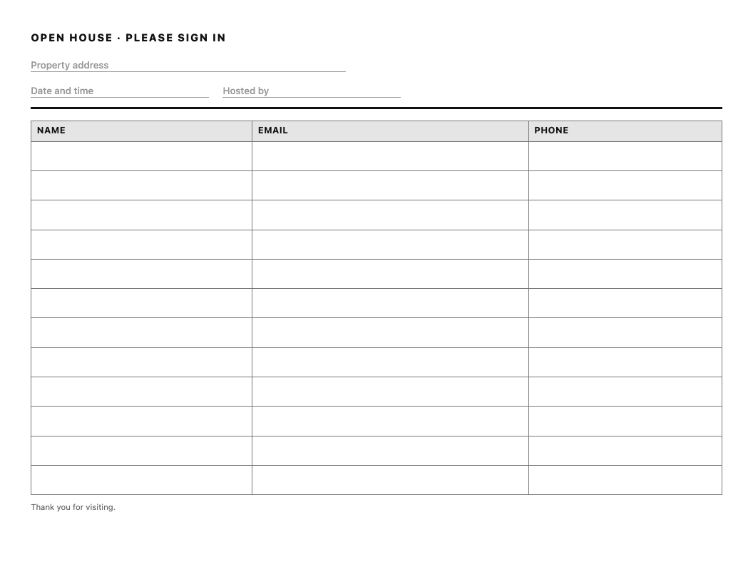 Simple open house sign-in sheet template with name, email and phone columns
