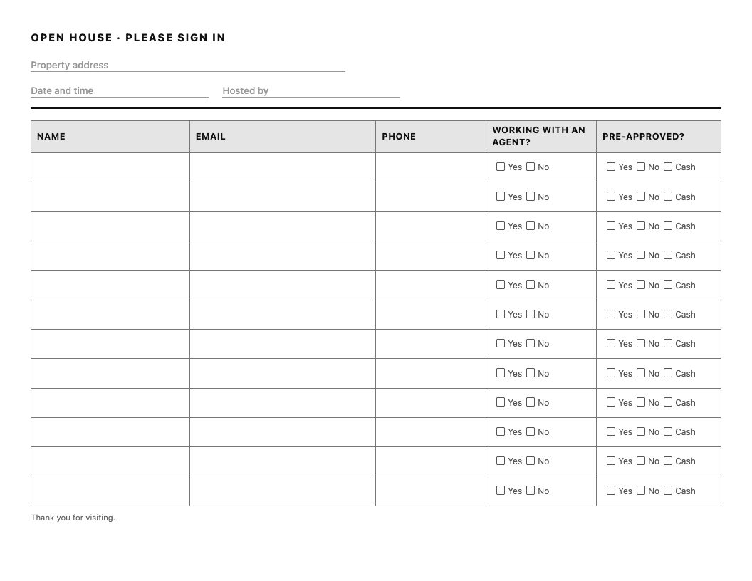 Open house sign-in sheet template, standard layout: name, email, phone, working with an agent and pre-approval columns